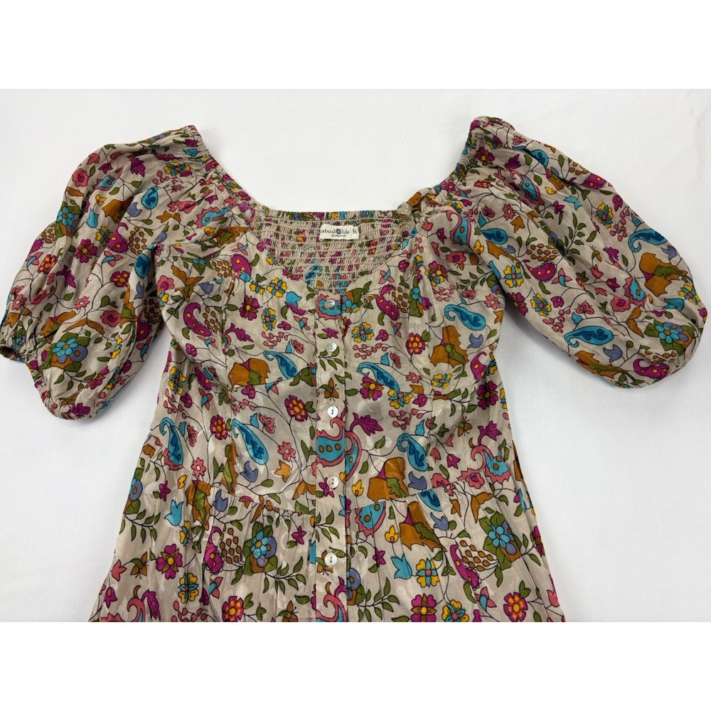 Natural Life Dress Floral Paisley Boho Maxi Puff Sleeve Chic Cottage Buttons Med